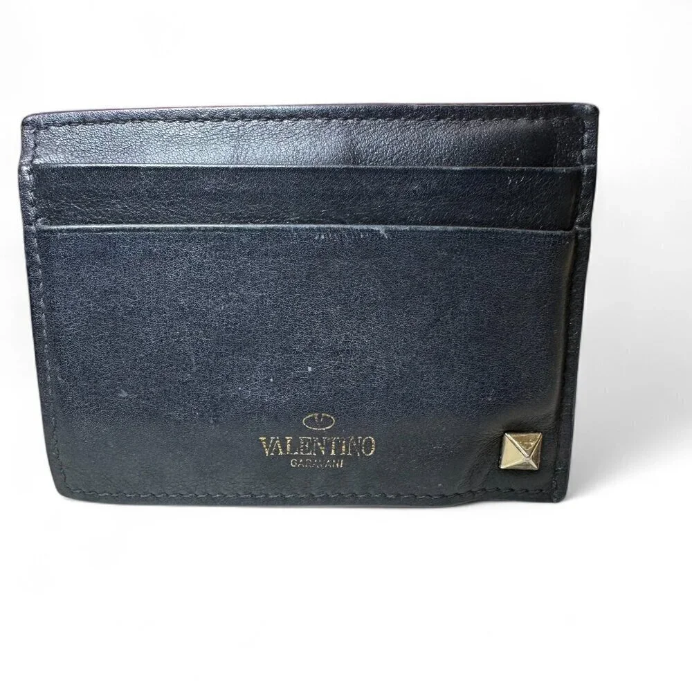 Valentino Garavani Black Rockstud Leather Card Holder Wallet w Extra Studs *USED